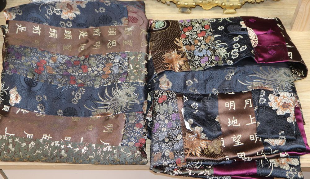 A pair of Oriental silk patchwork brocade wall hangings